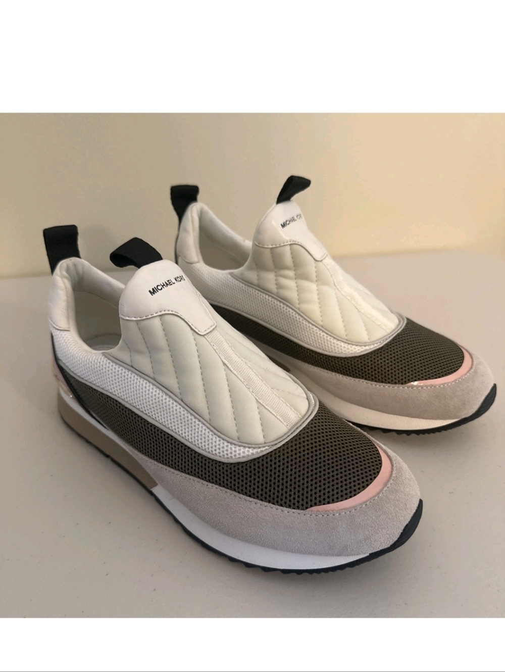 NWOT Michael Kors White, Olive & Blush Quilted Slip-On Sneakers